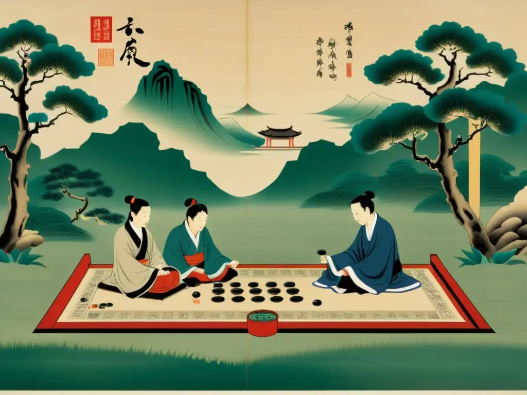 Un antiguo pergamino chino muestra una partida de Weiqi en un jardín sereno, destacando el origen filosófico del Weiqi Chino