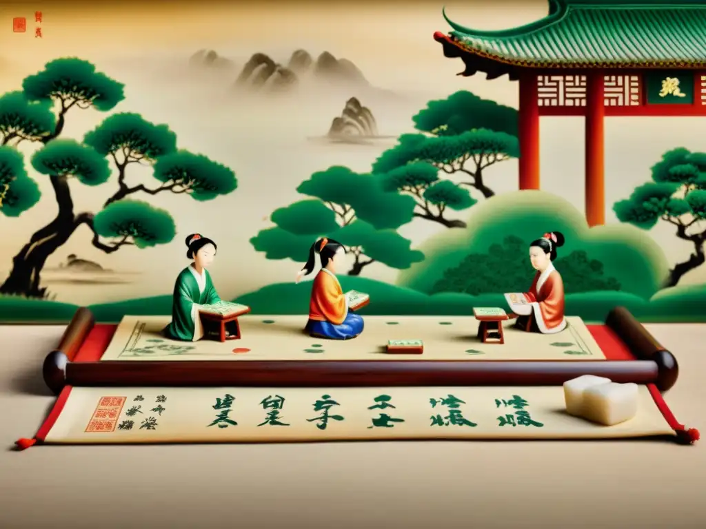 Antiguo pergamino chino del Mahjong Solitario, enmarcado por arquitectura y jardines tradicionales, evocando la enigmática historia y filosofía del juego