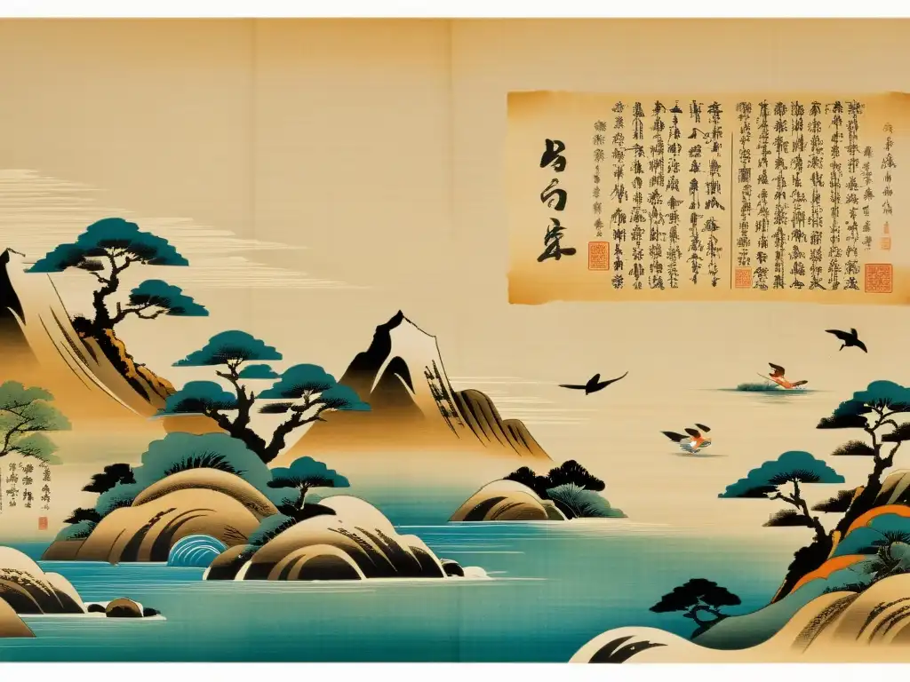 Antiguo pergamino japonés con tanka poesía y paisajes naturales, reflejando autenticidad y valor artístico