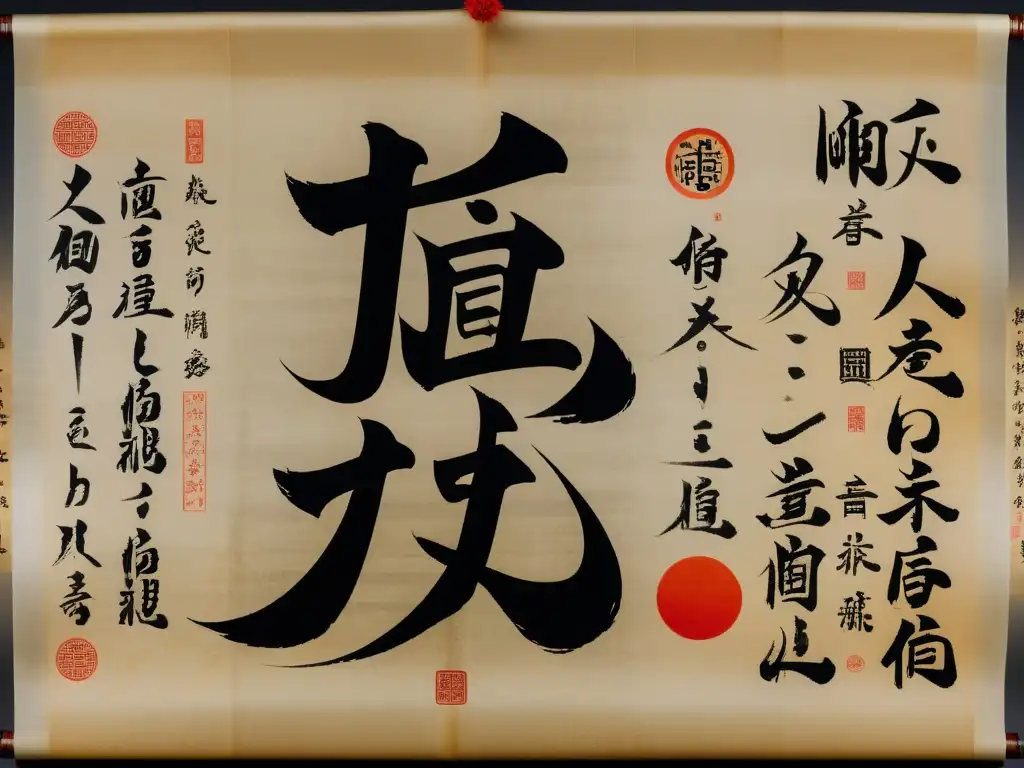 Antiguo pergamino con poema inspirado en la filosofía del Bushido en Japón, escrito en kanji con elegantes pinceladas y sello de samurai