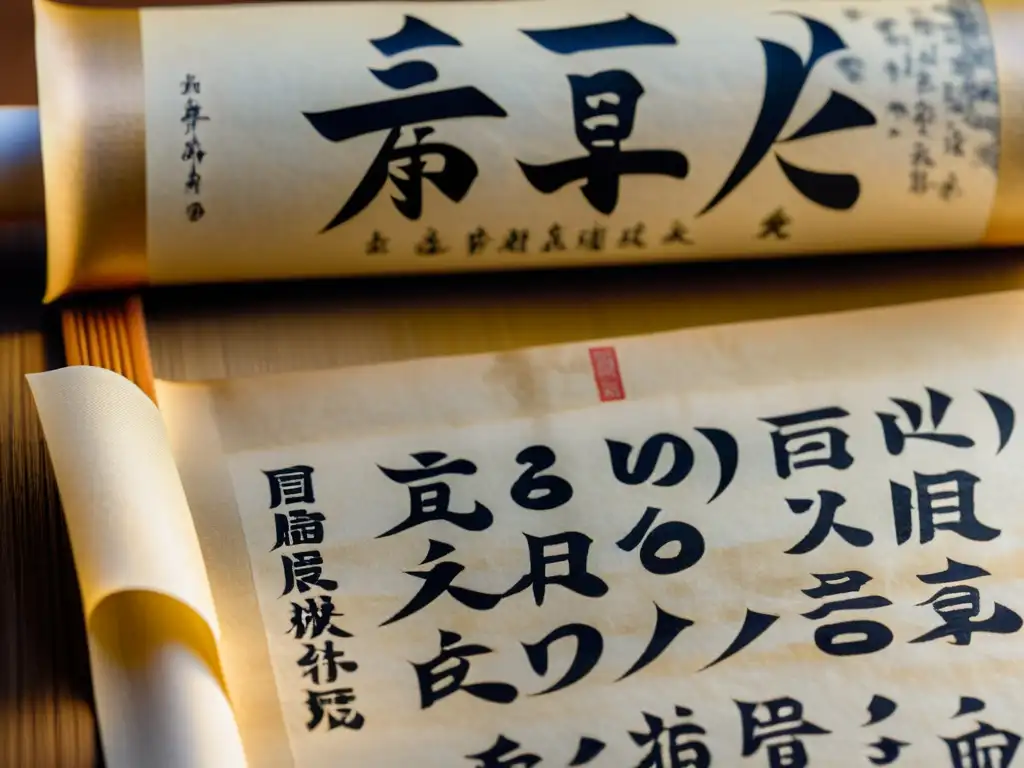 Antiguo pergamino con poema japonés en kanji, iluminado naturalmente