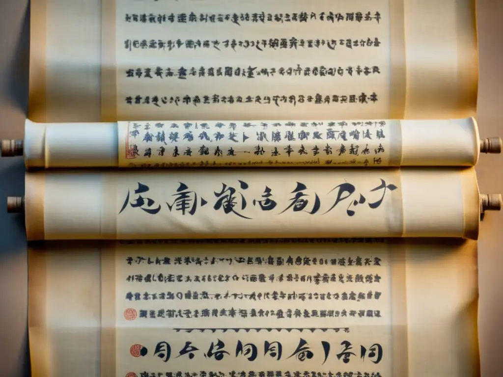 Poesía olvidada: Antiguo pergamino con delicada caligrafía Antiguo pergamino con poesía elegante de Poetisas olvidadas de Asia, en delicada caligrafía y adornos culturales