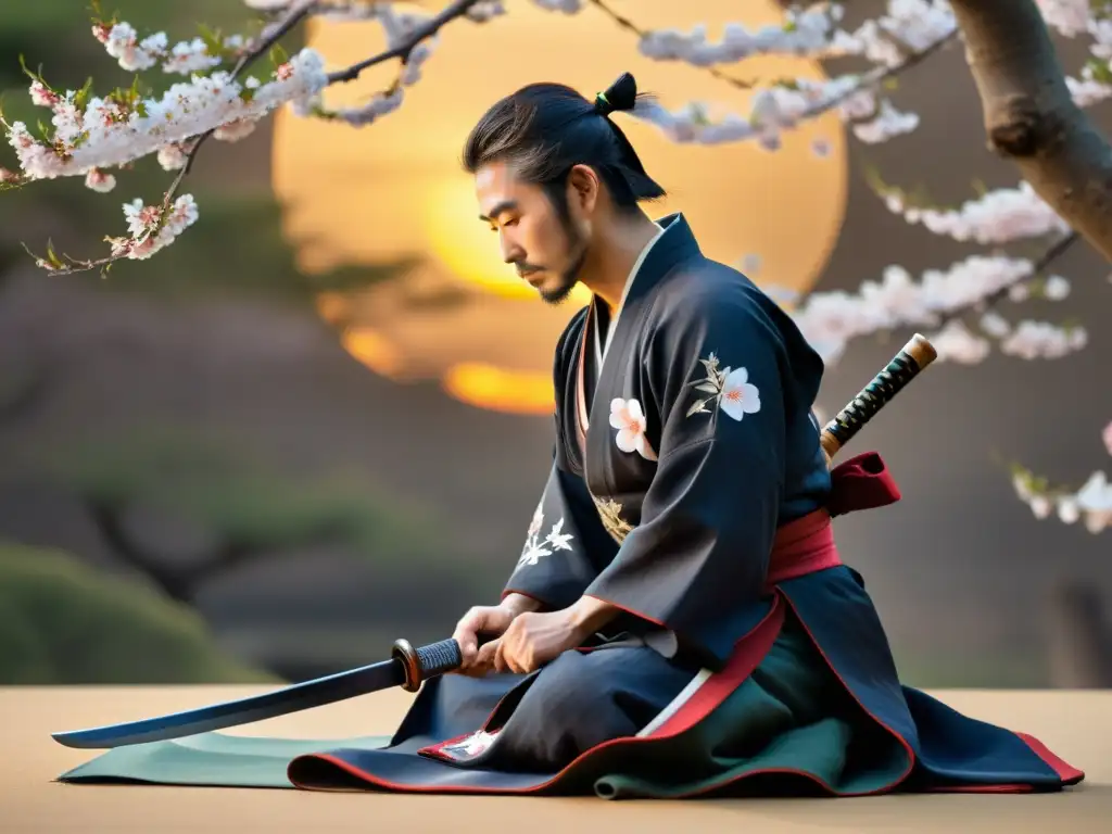 Antiguo pergamino con samurái meditando bajo cerezo en atardecer, reflejo de la filosofía del Bushido en Japón