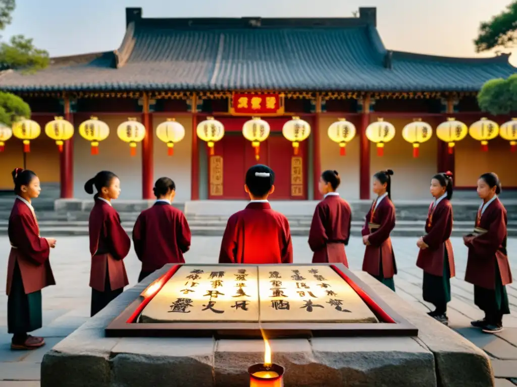 Un antiguo pizarrón de piedra con enseñanzas confucianas, rodeado de estudiantes en un colegio chino tradicional