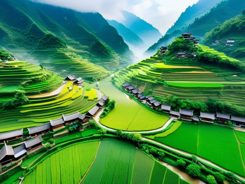 El antiguo pueblo de Shangli se encuentra entre montañas neblinosas, con casas de madera y tejados de tejas