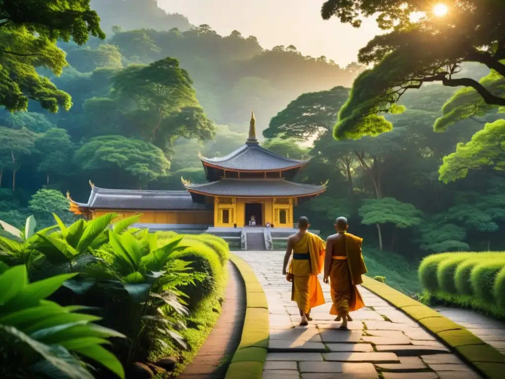 Un antiguo santuario sagrado en Asia, iluminado por la cálida luz del atardecer, rodeado de exuberante naturaleza y monjes en camino