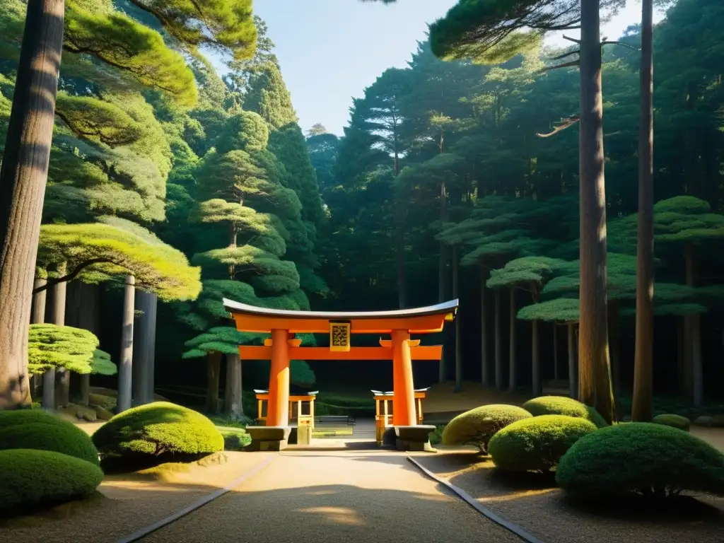 Un antiguo santuario Shinto en un bosque sereno, con cedros imponentes proyectando largas sombras sobre el suelo cubierto de musgo