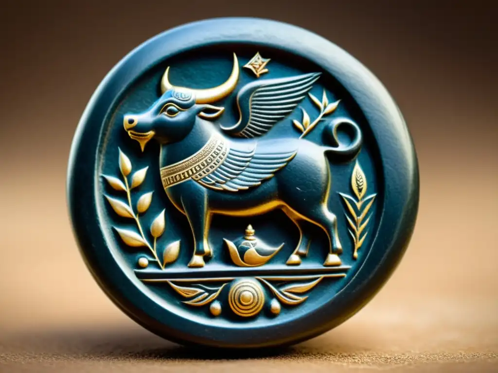 Antiguo sello del Valle del Indo con criatura mitológica en relieve, destacando el significado simbólico de animales en la cultura