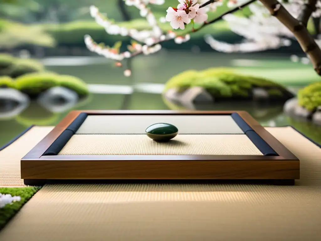 Un antiguo tablero japonés de Go en un jardín de cerezos en flor, reflejando la estrategia detrás del juego