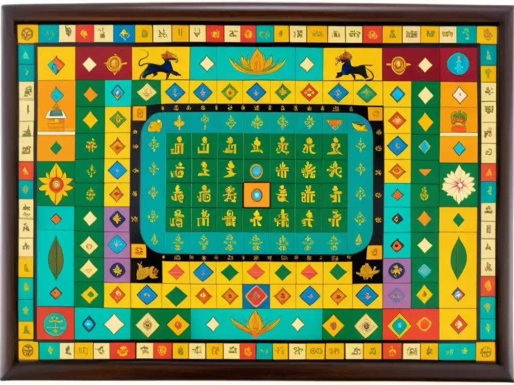 Un antiguo tablero de juego de Moksha Patam, con símbolos y colores vibrantes que representan el viaje del alma