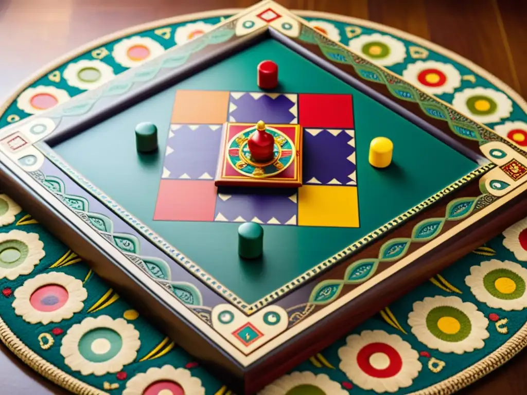 Un antiguo tablero de Pachisi tallado en madera, con piezas coloridas sobre textiles tradicionales de la India