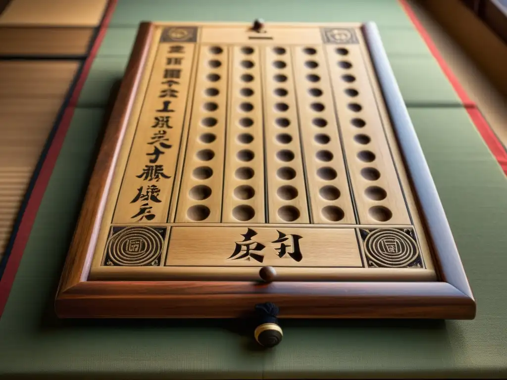 Un antiguo tablero de Shōgi, desgastado y con kanji tallados en cada pieza