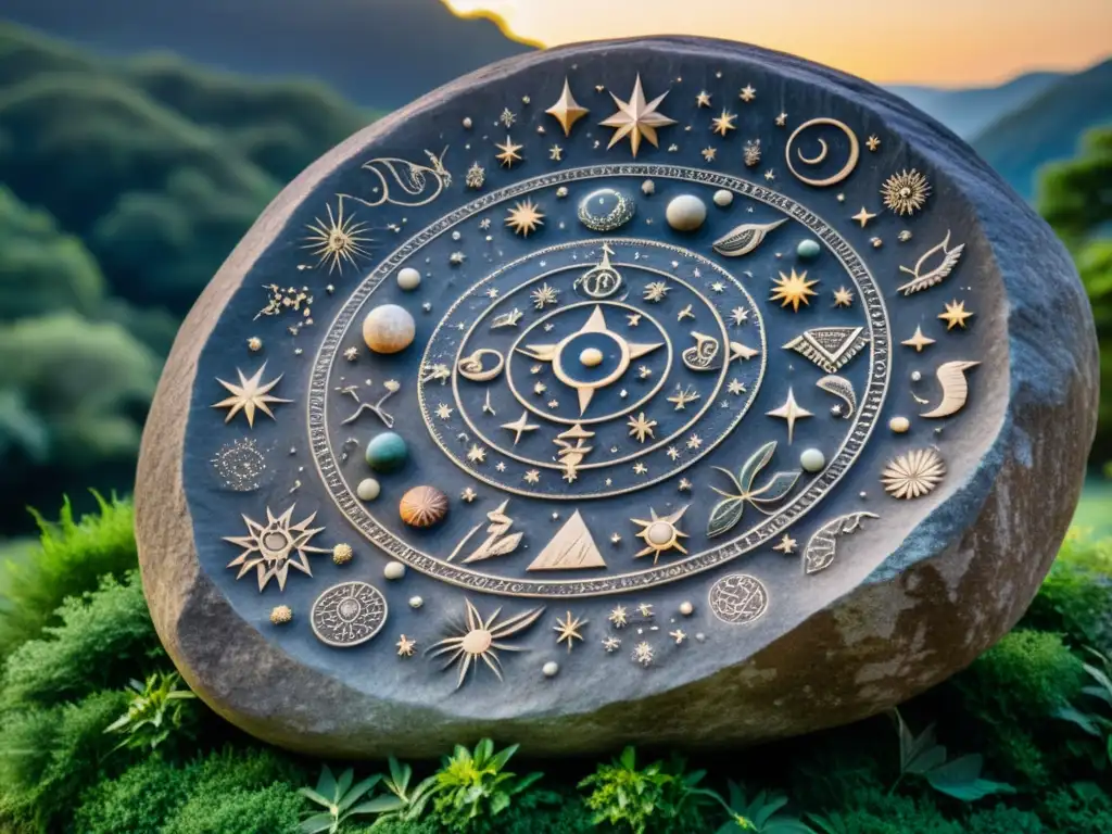 Antiguo tallado en piedra de símbolos astrológicos y cuerpos celestes, rodeado de exuberante vegetación y un cielo nocturno estrellado