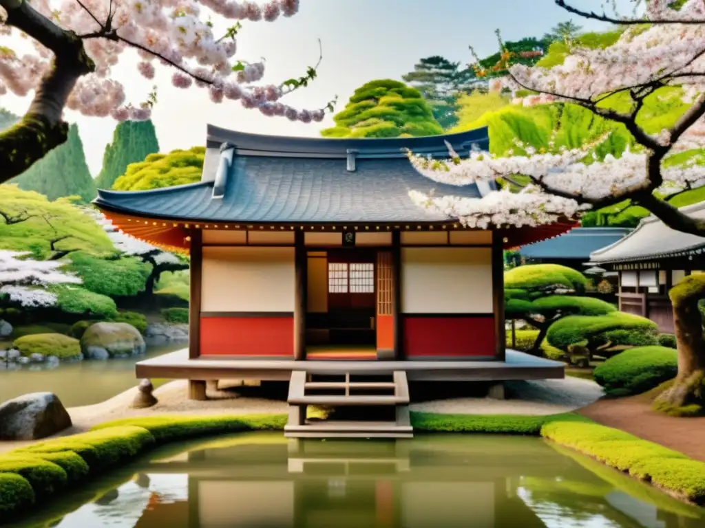 Un antiguo teahouse japonés rodeado de cerezos en flor, donde los samuráis realizan una ceremonia del té