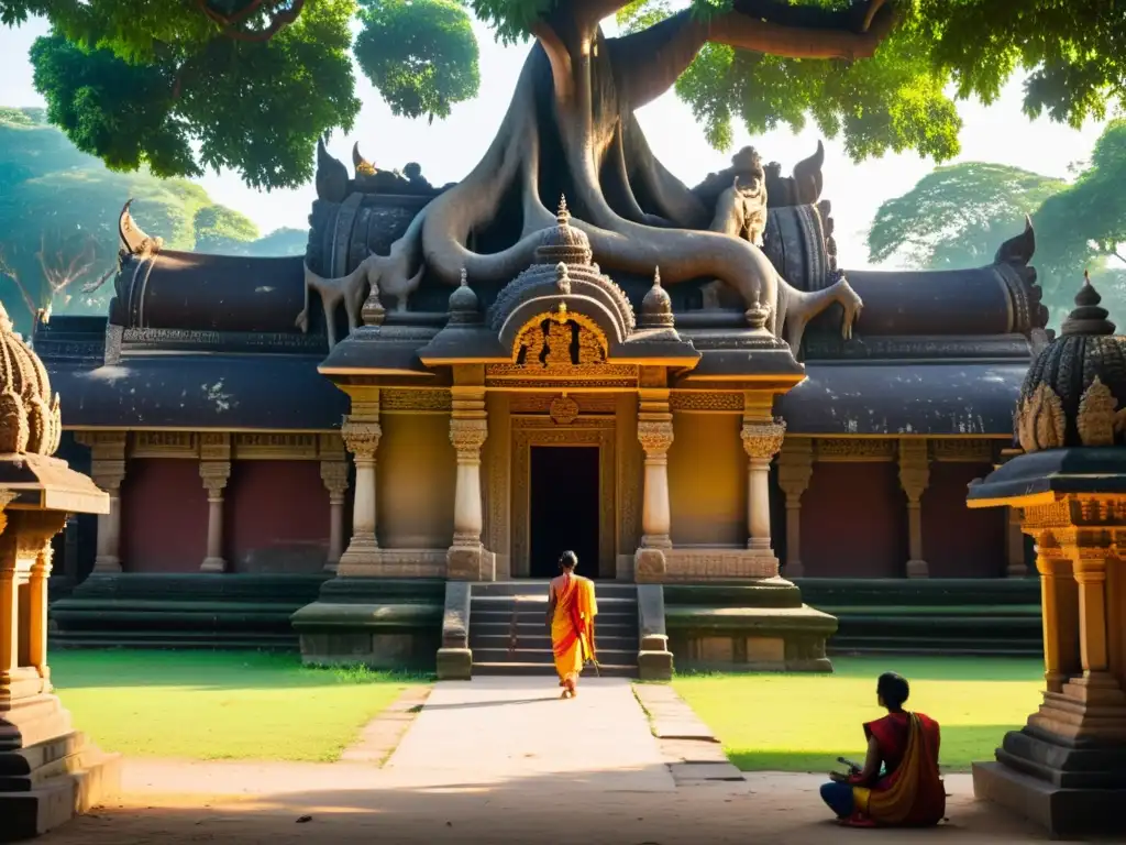 Antiguo templo indio rodeado de exuberante vegetación, estudiantes y profesores discuten bajo un árbol banyan