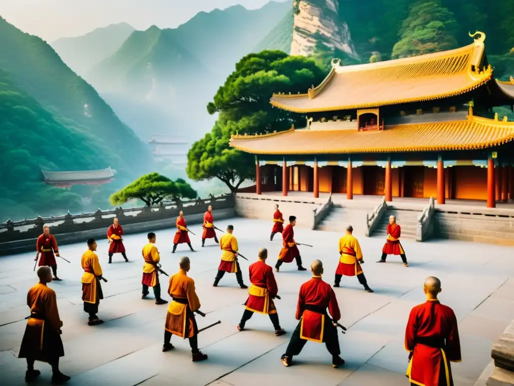 Un antiguo templo Shaolin entre montañas neblinosas, artistas marciales practicando Kung Fu