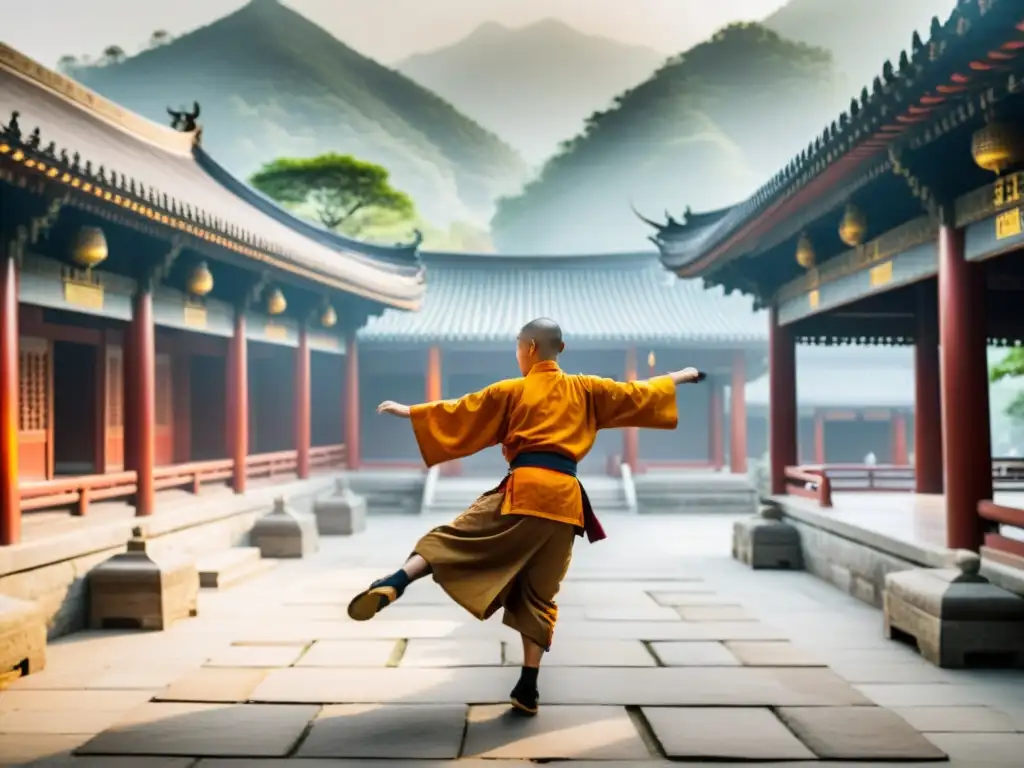 El antiguo Templo Shaolin en las neblinosas montañas de China, donde monjes practican Kung Fu