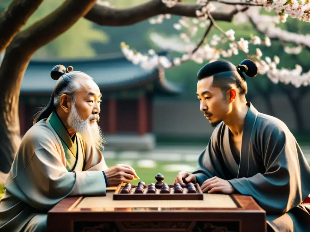 Dos antiguos filósofos chinos juegan Weiqi en un jardín sereno con árboles de cerezos en flor