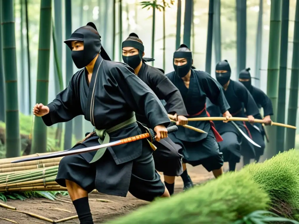 Antiguos guerreros ninja se deslizan en un bosque de bambú al anochecer, evocando la historia y misterios del ninjutsu arte