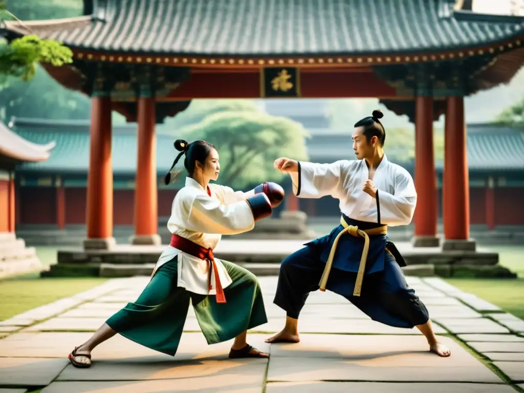 Antiguos practicantes de artes marciales en un intenso combate en un templo oriental rodeado de exuberante vegetación y arquitectura detallada