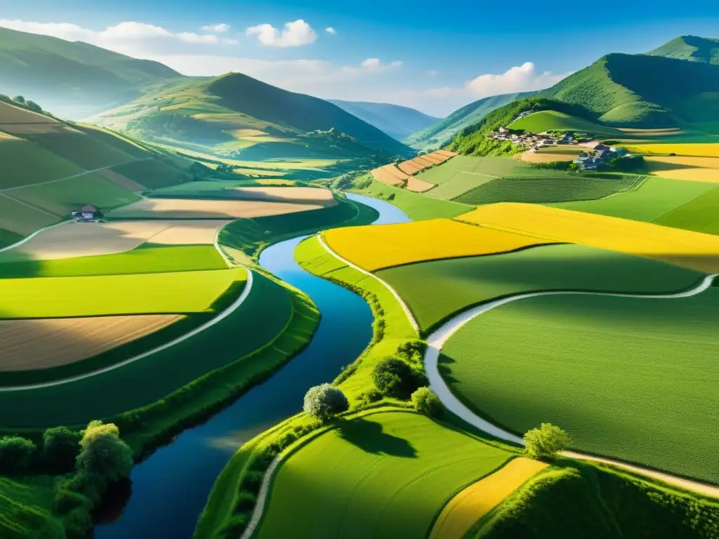 Un apacible paisaje rural con un río tranquilo serpenteando entre campos verdes y un pueblo en las colinas