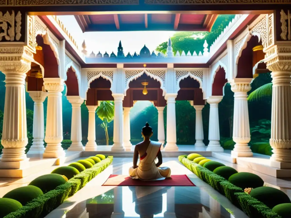 Aparigraha jainista: Templo Jainista con intrincadas esculturas, devotos en contemplación, rodeado de naturaleza serena y hermosa arquitectura