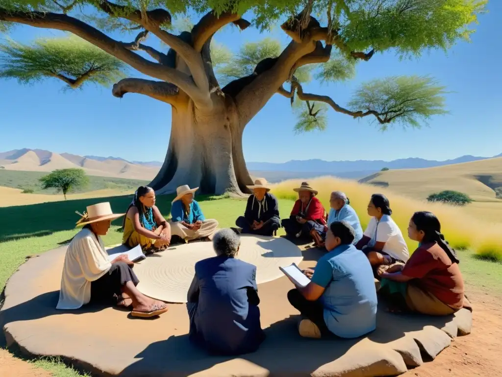 Conversación apasionada sobre estrategias para salvaguardar lenguas en peligro entre ancianos y jóvenes bajo un árbol ancestral