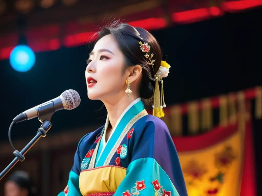 Un apasionado cantante de Pansori en un escenario tradicional coreano, transmitiendo la rica tradición oral poesía asiática