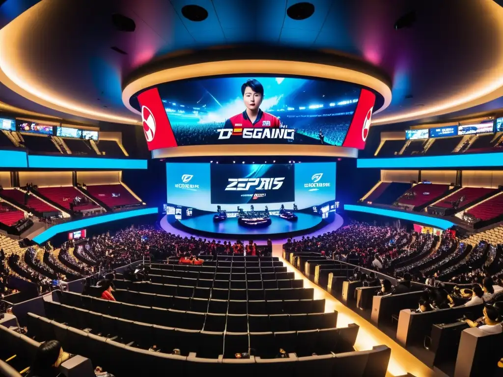 Apasionados fans en una arena de deportes electrónicos en Corea del Sur, celebrando el torneo de videojuegos