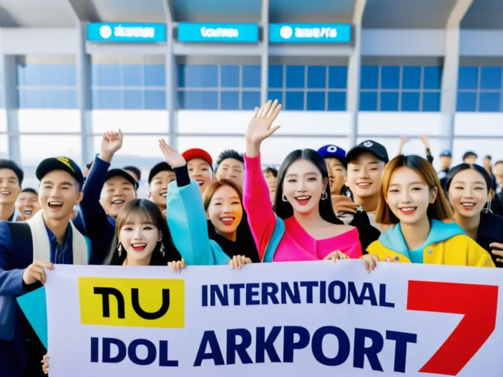 Apasionados fans internacionales de Kpop esperan a su grupo favorito en el aeropuerto, mostrando coloridas pancartas y emocionándose