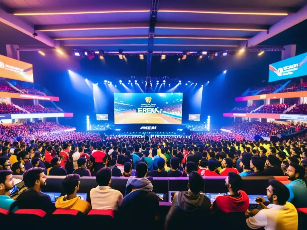 Apasionante arena de eSports en India con fans entusiastas y vibrantes luces, reflejando el auge de Oportunidades eSports India