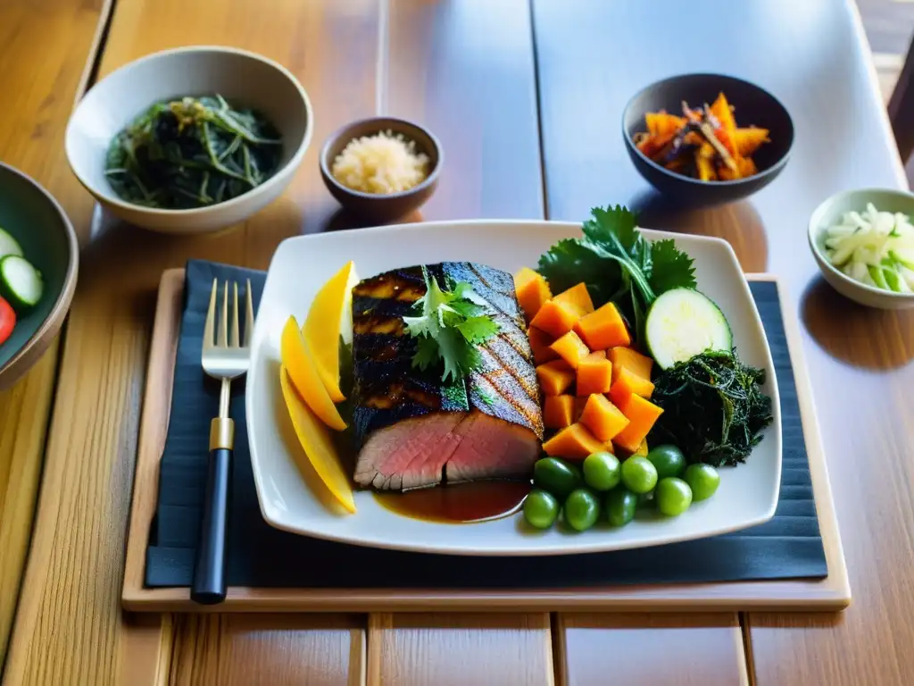 Una apetitosa comida tradicional de Okinawa se despliega en una mesa de madera, con vegetales frescos y un suculento cerdo a la parrilla