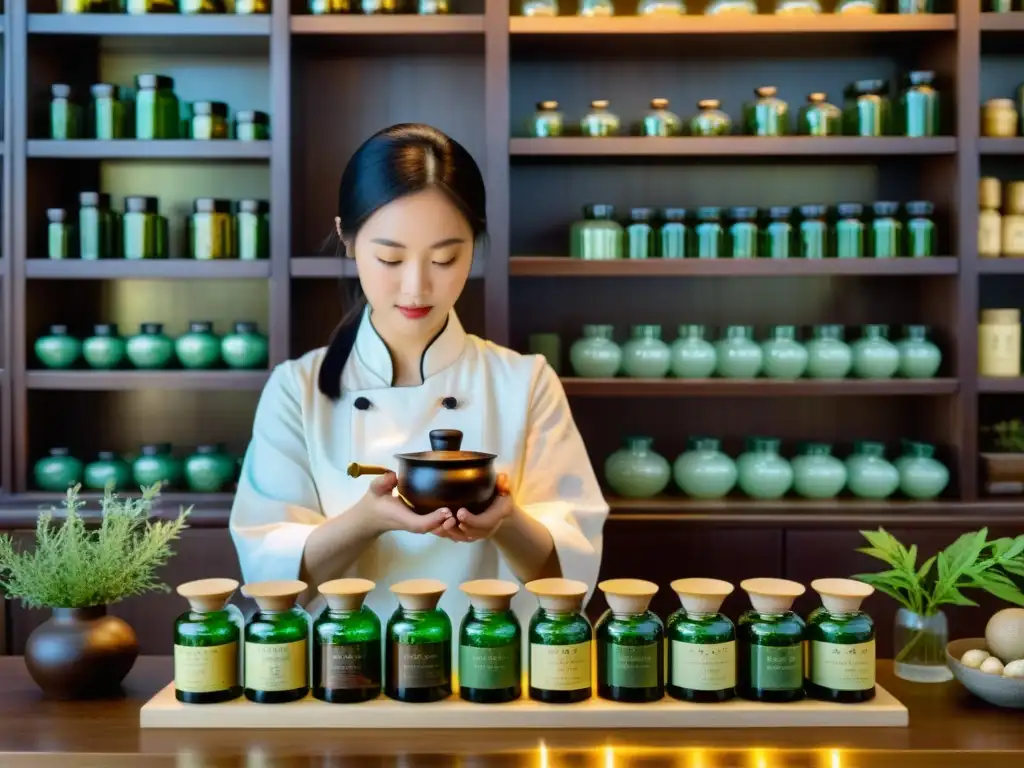 Elaboración de Elixir de Belleza Holística en una Antigua Farmacia China Una apoteca china tradicional llena de hierbas y ingredientes naturales