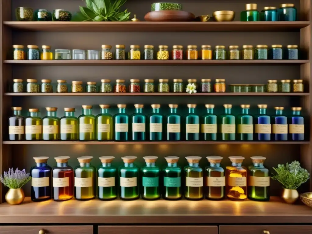 Apothecary oriental: belleza natural en frascos Una apotecaria oriental tradicional llena de frascos de vidrio etiquetados con hierbas y flores coloridas