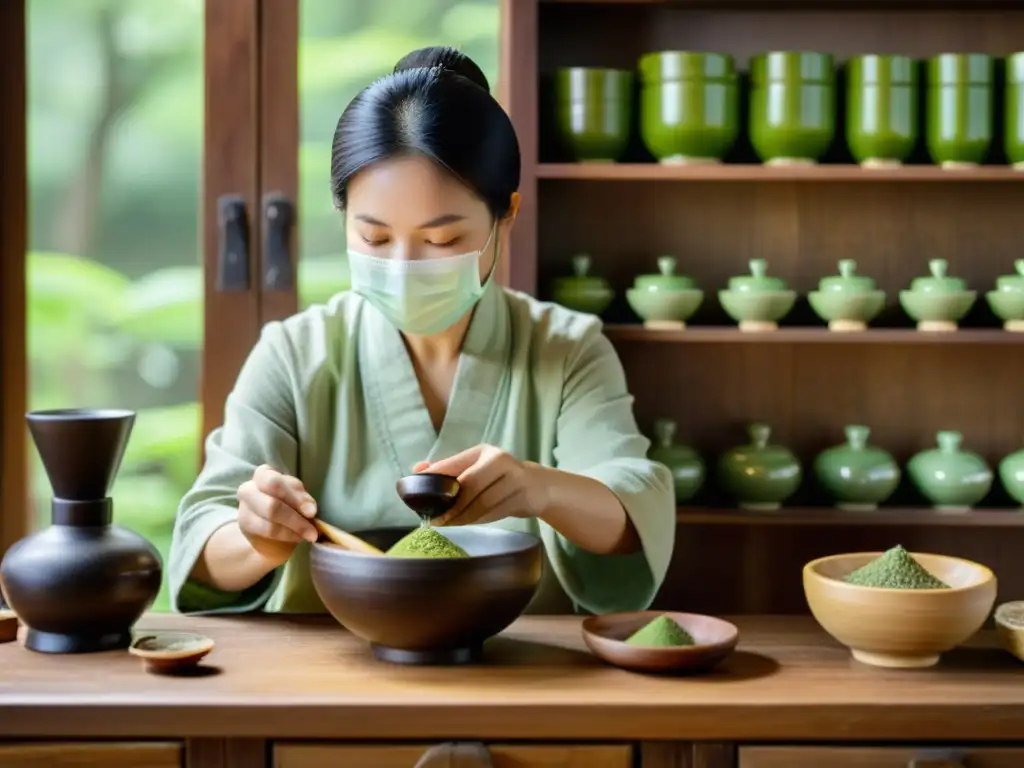 Un apotecario chino prepara una mascarilla de té verde, mostrando las técnicas asiáticas de cuidado de la piel reveladas