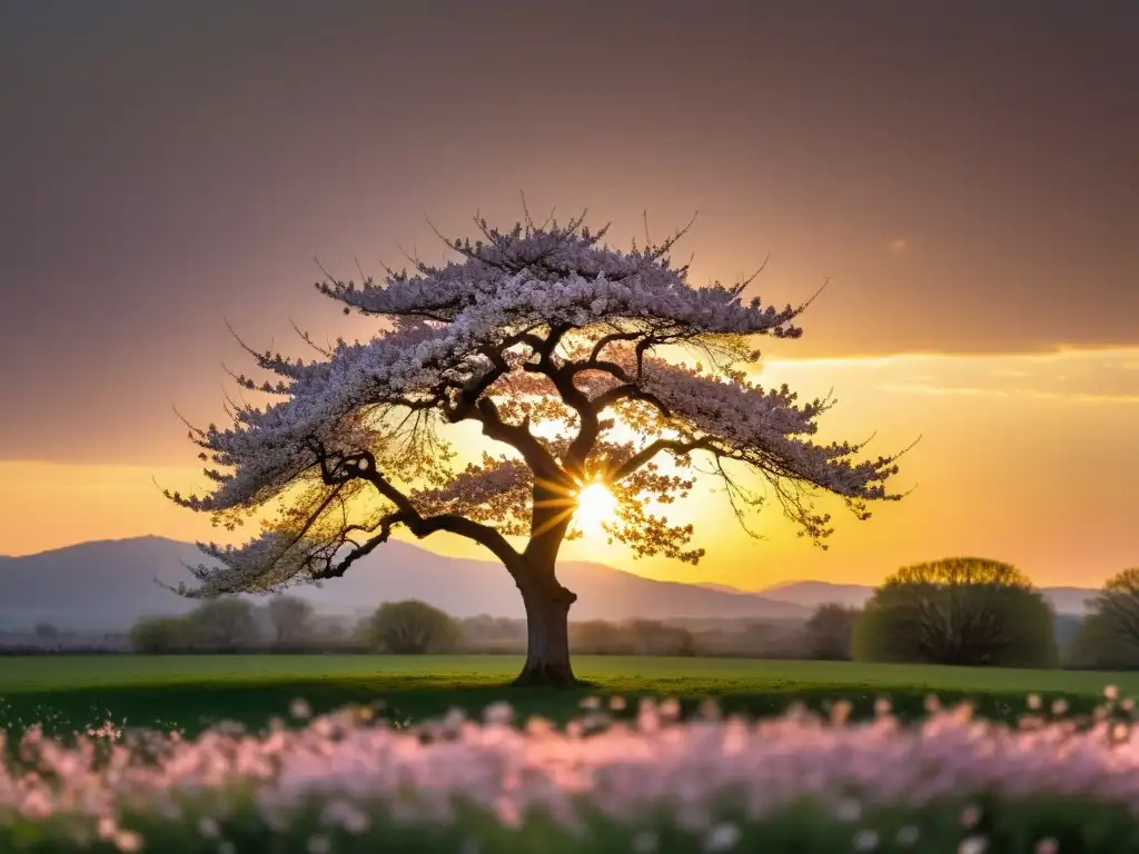 Árbol de cerezo solitario en un campo, sus delicados pétalos rosados danzando en el viento mientras el sol se pone detrás, creando un cálido resplandor dorado sobre el paisaje sereno