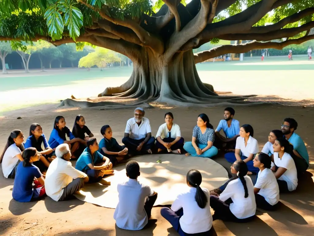 Bajo el árbol banyan, estudiantes absorben enseñanzas filosóficas hindúes del anciano maestro, en un entorno sereno y colorido