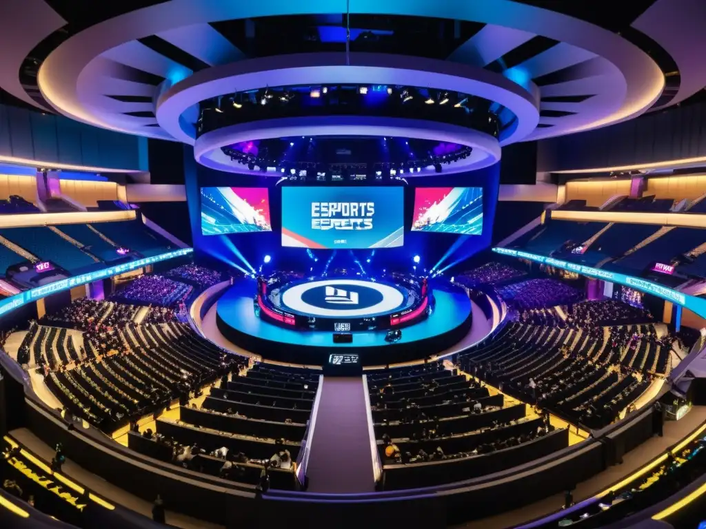 Una arena de eSports abarrotada en Asia, con franquicias lucrativas en acción y fans eufóricos, iluminada por pantallas masivas