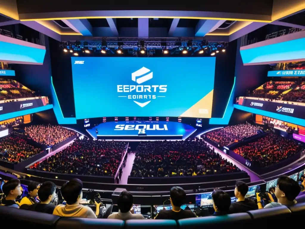 Una arena de eSports abarrotada en Seúl, Corea del Sur, con fans entusiastas animando a equipos en un torneo de videojuegos