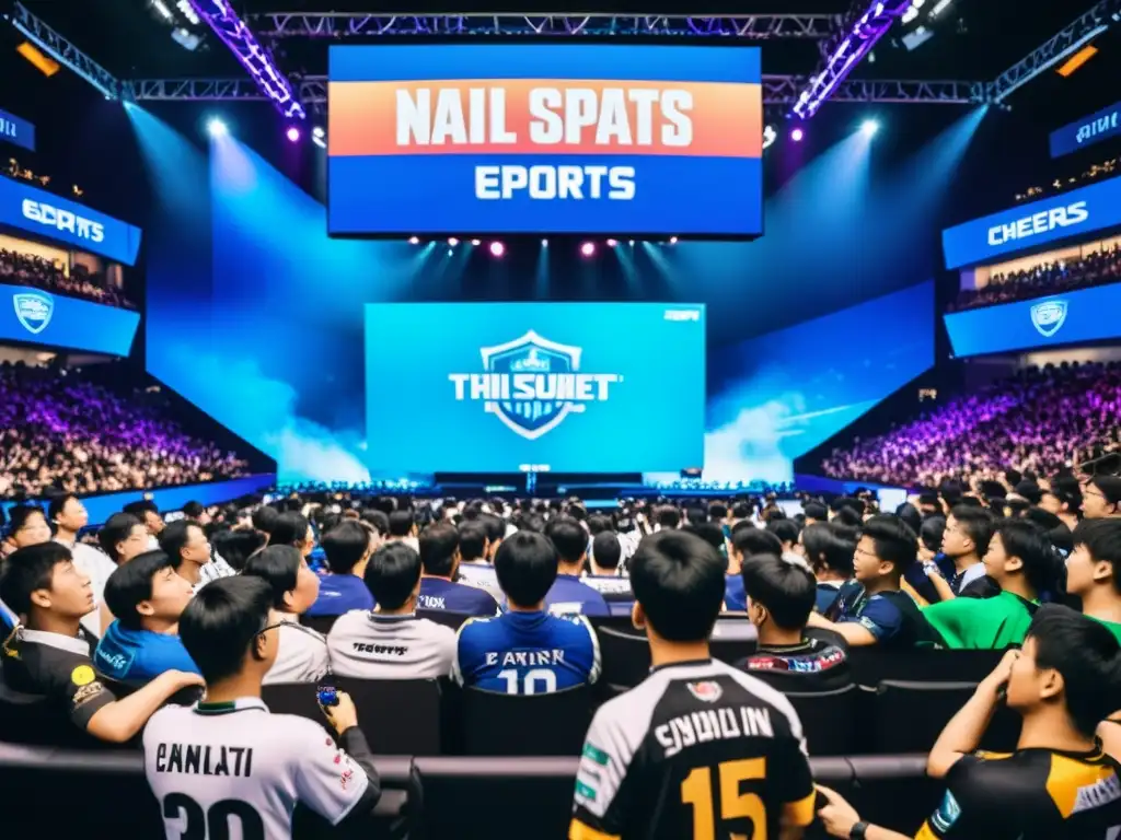 Una arena de eSports llena de pasión y emoción, con fans asiáticos viviendo intensamente cada momento de la competencia