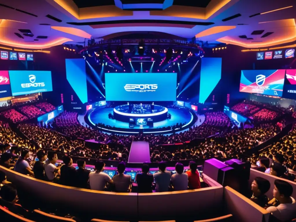 Una arena de eSports llena de energía en Asia, con jugadores concentrados y fans apasionados