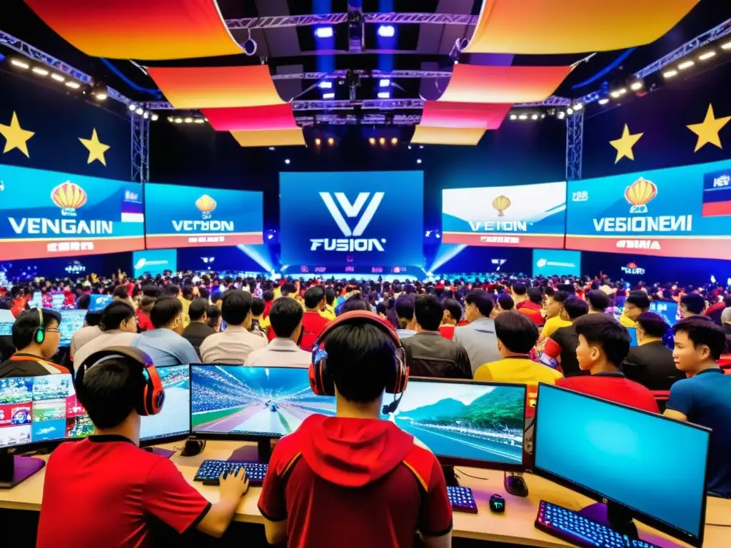 Una arena de eSports en Vietnam llena de jugadores concentrados y fans animados, fusionando la cultura tradicional vietnamita con la innovación de los eSports