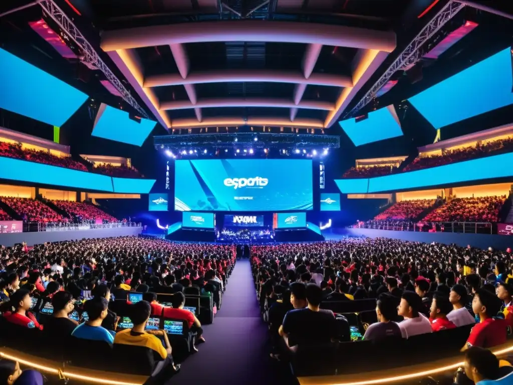 Una arena de esports en Asia rebosante de fans entusiastas, vistiendo merchandising de equipos, vibrando con el torneo de alto nivel