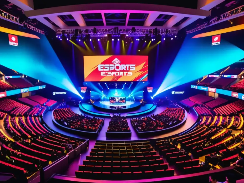 Una arena de eSports en Asia rebosante de fans apasionados, vibrante y llena de emoción, capturando el impacto del streaming en los eSports asiáticos