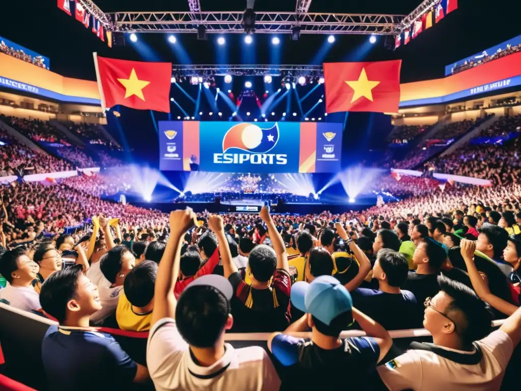 Una arena llena de fans filipinos entusiastas animando a su equipo nacional de eSports, mostrando orgullo nacional y unidad en la competencia