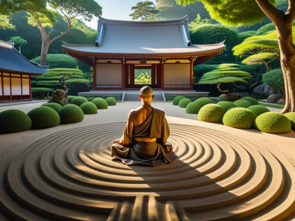 Jardín de arena Zen en templo tradicional, con monje meditando en entorno sereno