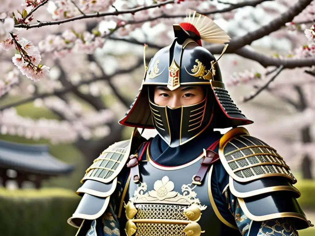 Armadura de samurái frente a cerezos en flor en Japón feudal, destacando poder militar