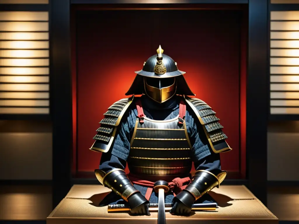 Una armadura samurái y katana en un museo, evocando la historia guerrera samurái de Japón con su elegancia y reverencia