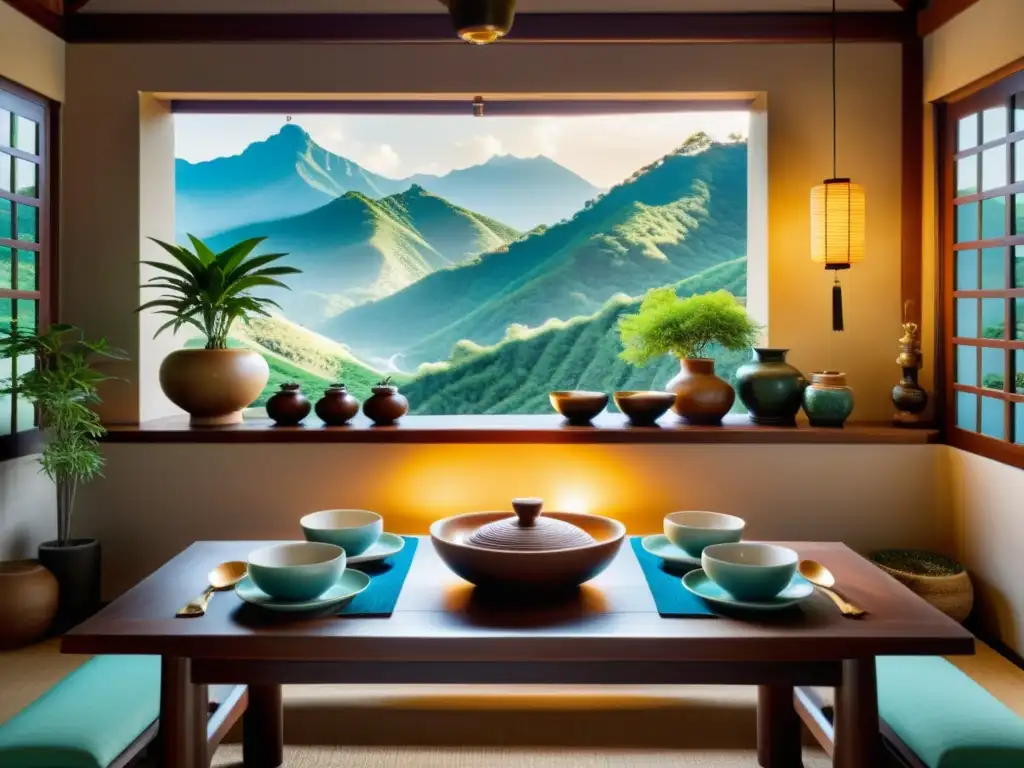 Armonía de los Cinco Elementos en un hogar chino: equilibrio y paz en la decoración y disposición de muebles, representando la esencia de Feng Shui