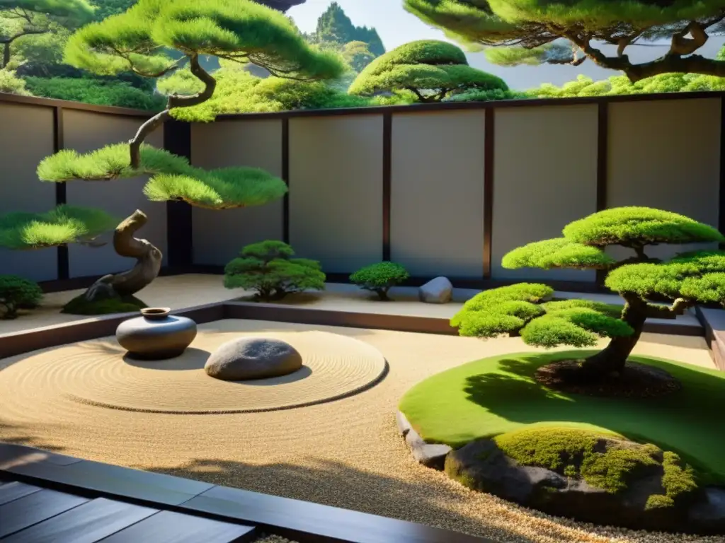 Un jardín Zen japonés muestra armonía y equilibrio, con rocas, árboles bonsái y vegetación